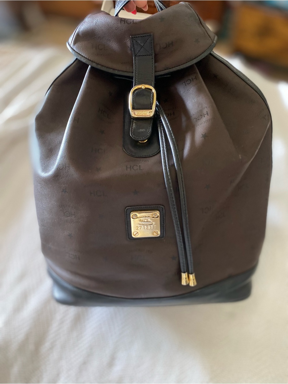 Vintage HCL Handcrafted Leathergoods Monogram Drawstring Bucket Shoulder Bag⁠